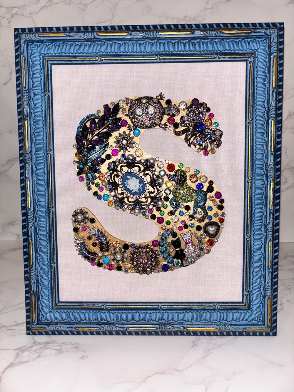 Embellished S Initial Wall Art in Blue Frame